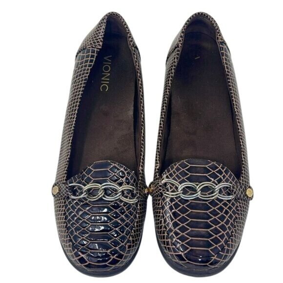 NEW Vionic Alda Women's Brown Leather Snake Croc Chain Orthaheel Loafers, 8.5W - Picture 1 of 10